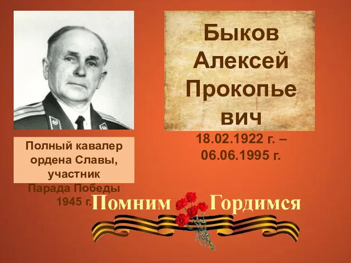 Полный кавалер ордена Славы, участник Парада Победы 1945 г. Быков Алексей Прокопьевич