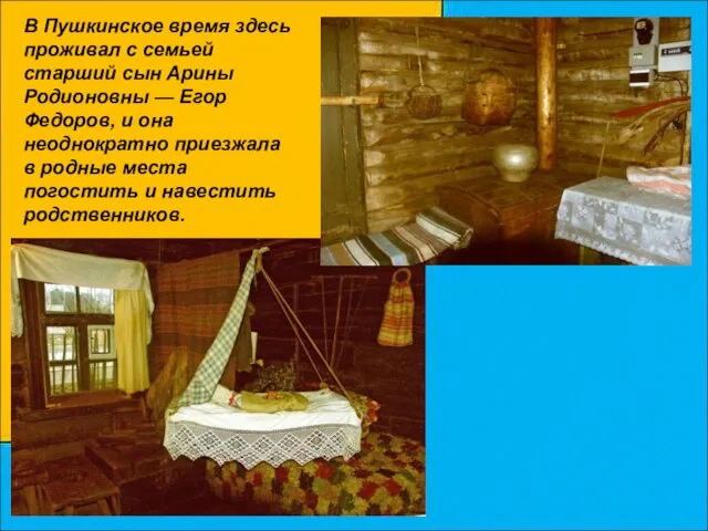 В Пушкинское время здесь проживал с семьей старший сын Арины Родионовны —