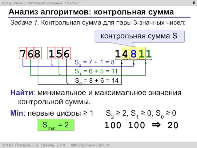 Анализ алгоритмов: контрольная сумма Задача 1. Контрольная сумма для пары 3-значных чисел: