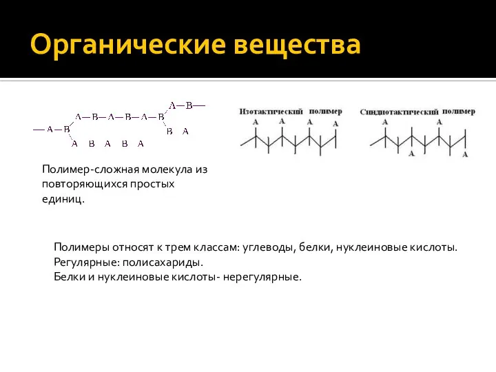 Органические вещества Полимер-сложная молекула из повторяющихся простых единиц. Полимеры относят к трем