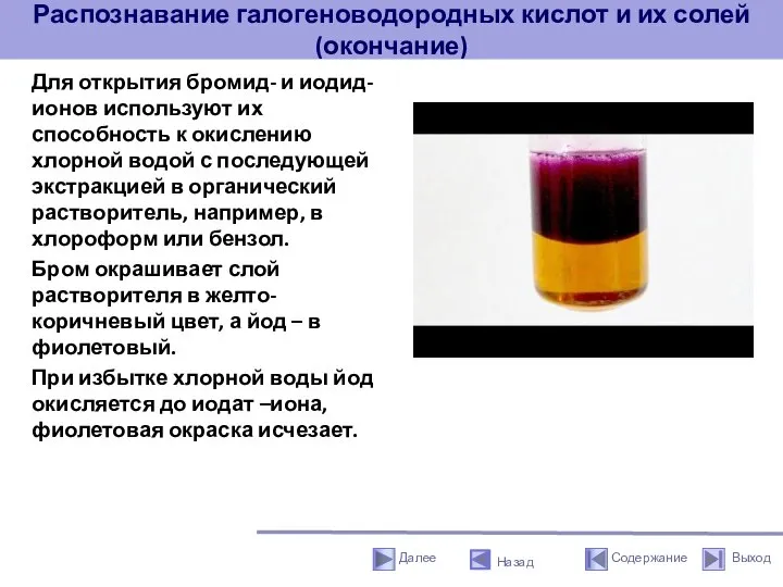 Распознавание галогеноводородных кислот и их солей (окончание) Назад Для открытия бромид- и