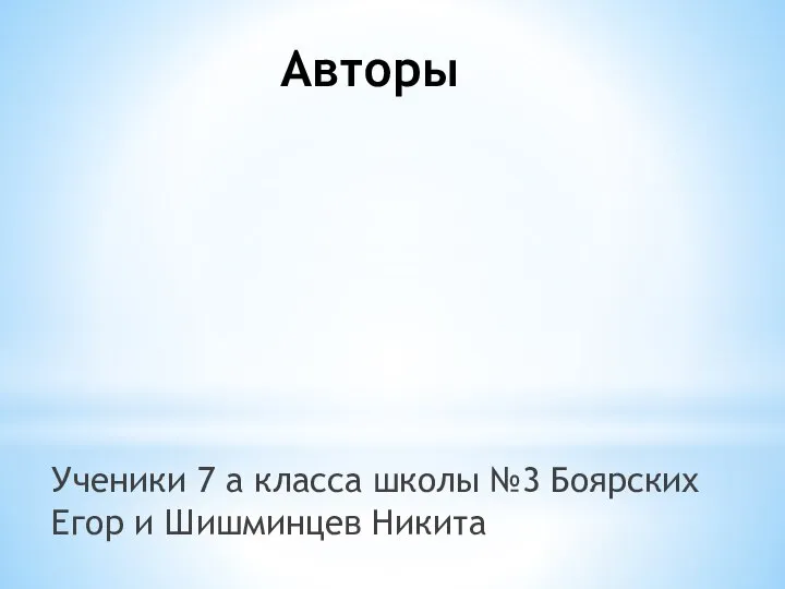 Авторы Ученики 7 а класса школы №3 Боярских Егор и Шишминцев Никита