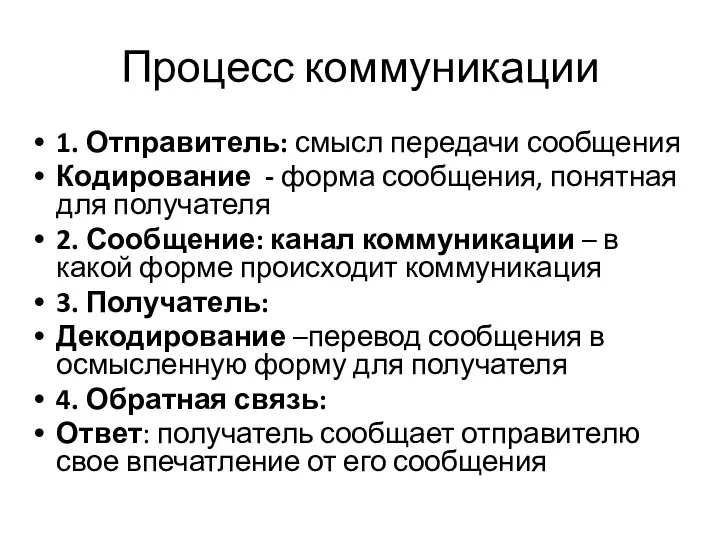 Процесс коммуникации 1. Отправитель: смысл передачи сообщения Кодирование - форма сообщения, понятная