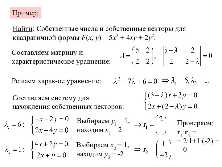 Пример: Найти: Собственные числа и собственные векторы для квадратичной формы F(x, y)