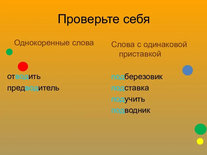 Проверьте себя Слова с одинаковой приставкой подберезовик подставка подучить подводник Однокоренные слова отводить предводитель