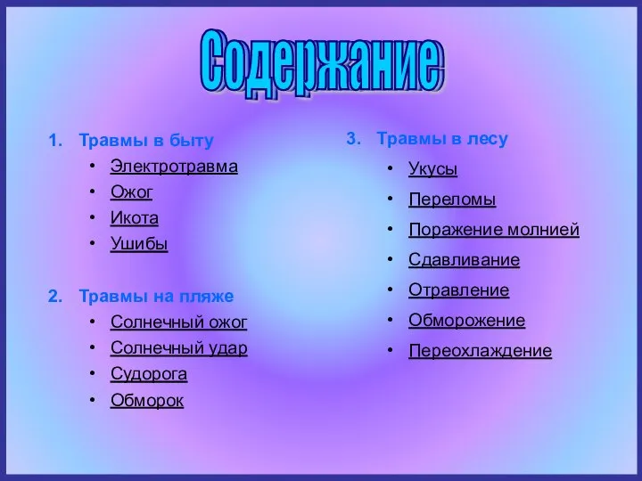 Травмы в быту Электротравма Ожог Икота Ушибы Травмы на пляже Солнечный ожог