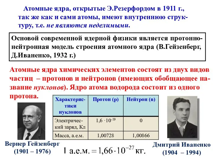 Атомные ядра, открытые Э.Резерфордом в 1911 г., так же как и сами