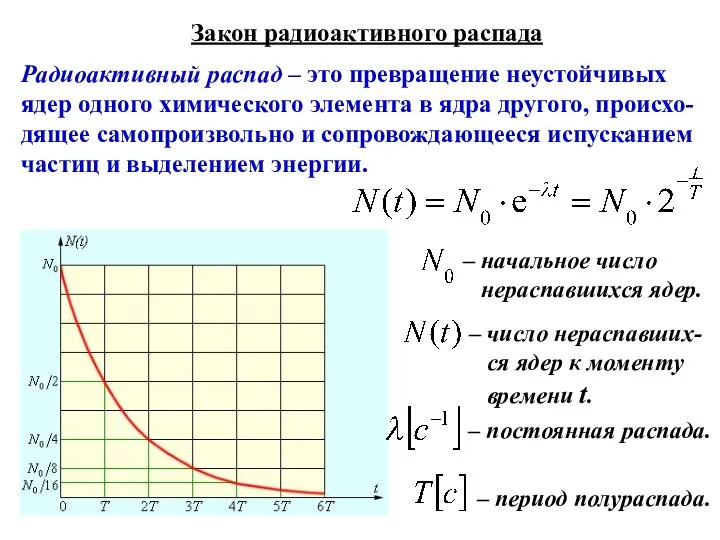 Закон радиоактивного распада Радиоактивный распад – это превращение неустойчивых ядер одного химического