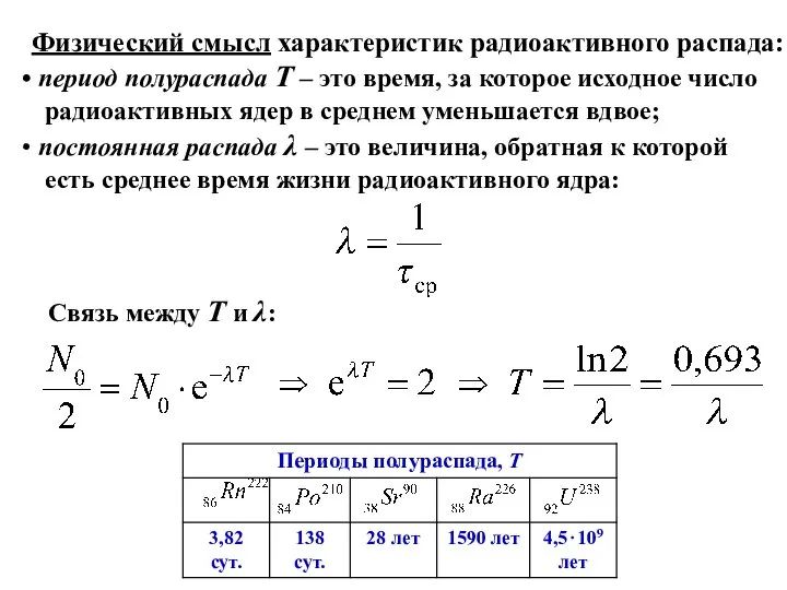 Физический смысл характеристик радиоактивного распада: период полураспада Т – это время, за