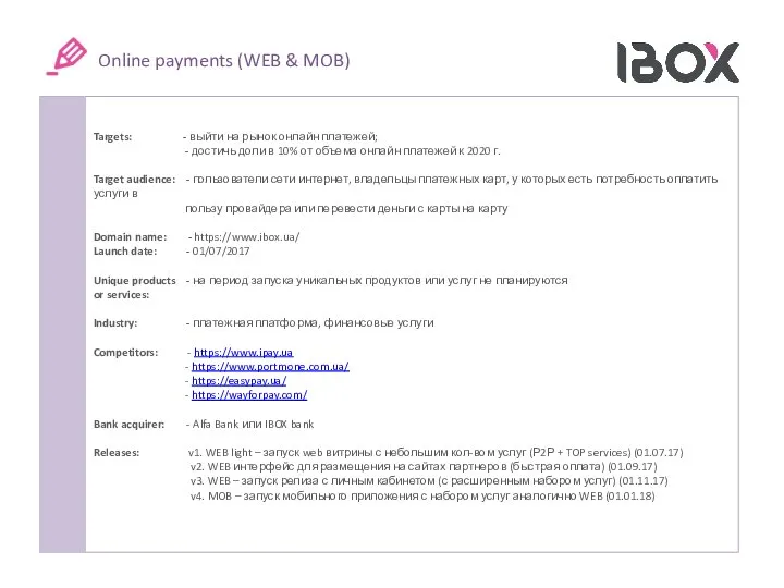 Online payments (WEB & MOB) Targets: - выйти на рынок онлайн платежей;