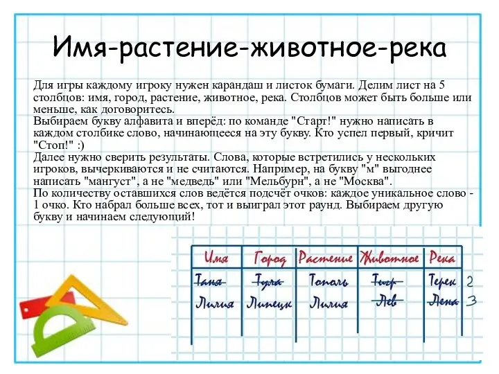 Имя-растение-животное-река Для игры каждому игроку нужен карандаш и листок бумаги. Делим лист