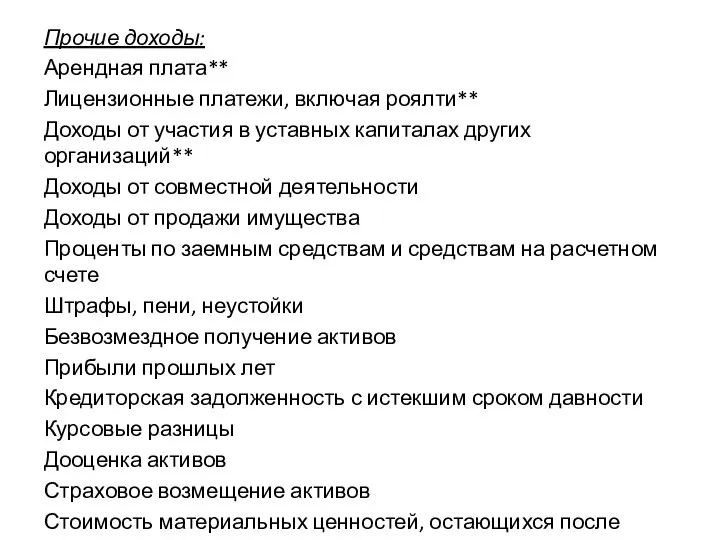 Прочие доходы: Арендная плата** Лицензионные платежи, включая роялти** Доходы от участия в