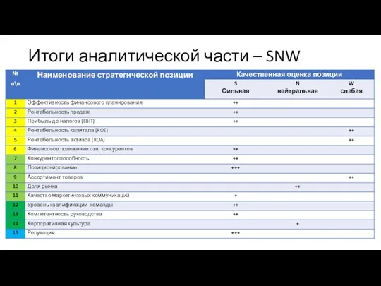 Итоги аналитической части – SNW