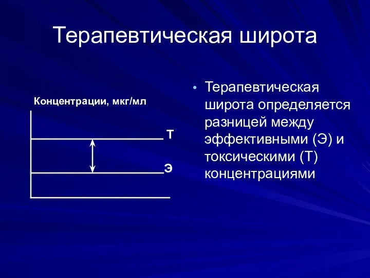 Терапевтическая широта Терапевтическая широта определяется разницей между эффективными (Э) и токсическими (Т)