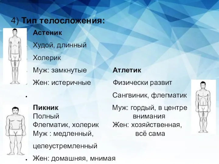 Астеник Худой, длинный Холерик Муж: замкнутые Атлетик Жен: истеричные Физически развит Сангвиник,