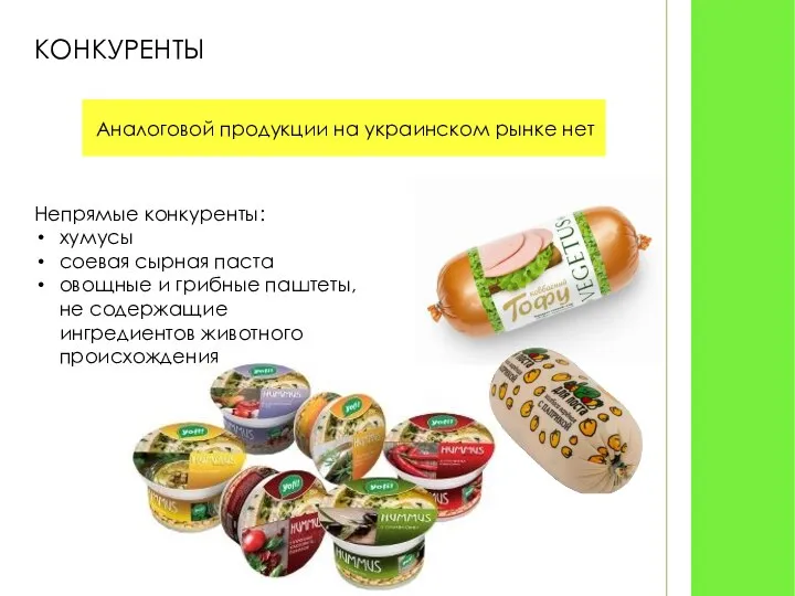 КОНКУРЕНТЫ Аналоговой продукции на украинском рынке нет Непрямые конкуренты: хумусы соевая сырная