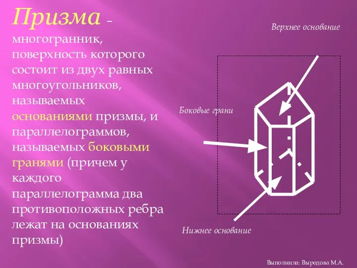 Призма – многогранник, поверхность которого состоит из двух равных многоугольников, называемых основаниями