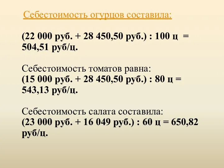 Себестоимость огурцов составила: (22 000 руб. + 28 450,50 руб.) : 100