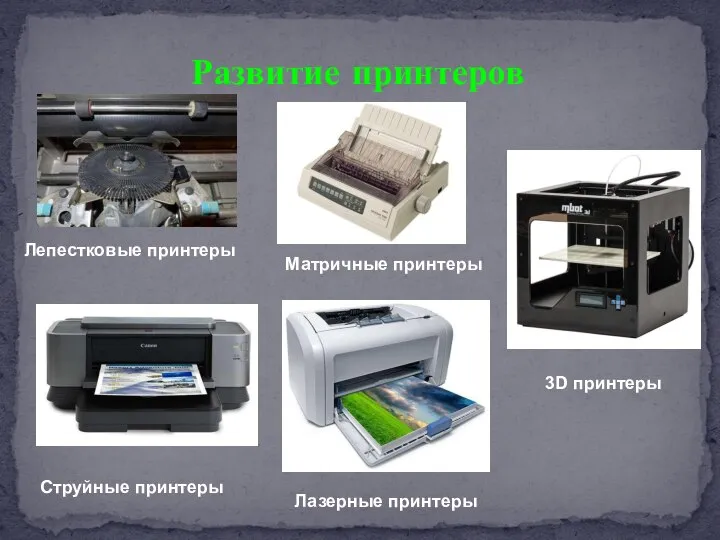 Развитие принтеров Лепестковые принтеры Матричные принтеры Струйные принтеры Лазерные принтеры 3D принтеры