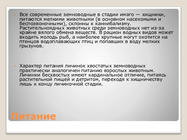 Питание Все современные земноводные в стадии имаго — хищники, питаются мелкими животными