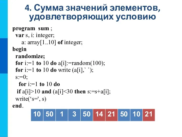 4. Сумма значений элементов, удовлетворяющих условию program sum ; var s, i: