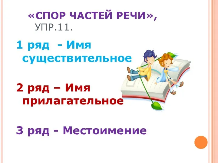 «СПОР ЧАСТЕЙ РЕЧИ», УПР.11. 1 ряд - Имя существительное 2 ряд –