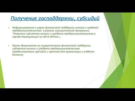 Получение господдержки, субсидий Информирование о мерах финансовой поддержки малого и среднего предпринимательства