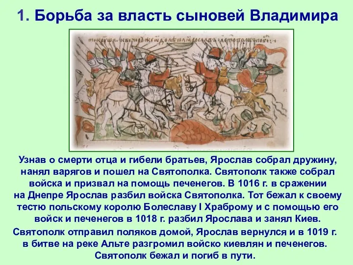 1. Борьба за власть сыновей Владимира Святополк отправил поляков домой, Ярослав вернулся