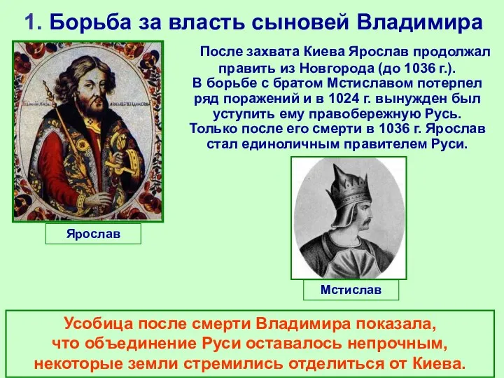 1. Борьба за власть сыновей Владимира Ярослав После захвата Киева Ярослав продолжал