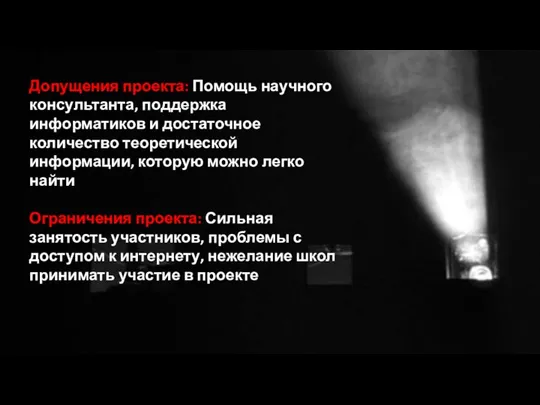 Допущения проекта: Помощь научного консультанта, поддержка информатиков и достаточное количество теоретической информации,