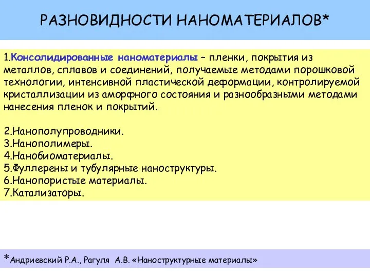 РАЗНОВИДНОСТИ НАНОМАТЕРИАЛОВ* *Андриевский Р.А., Рагуля А.В. «Наноструктурные материалы» 1.Консолидированные наноматериалы – пленки,