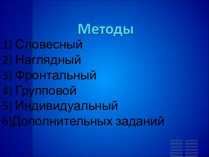 1) Словесный 2) Наглядный 3) Фронтальный 4) Групповой 5) Индивидуальный 6)Дополнительных заданий