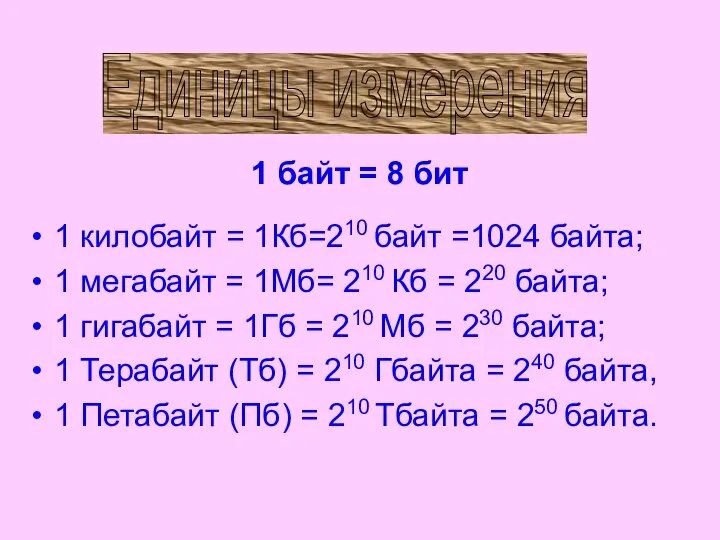 Единицы измерения 1 килобайт = 1Кб=210 байт =1024 байта; 1 мегабайт =