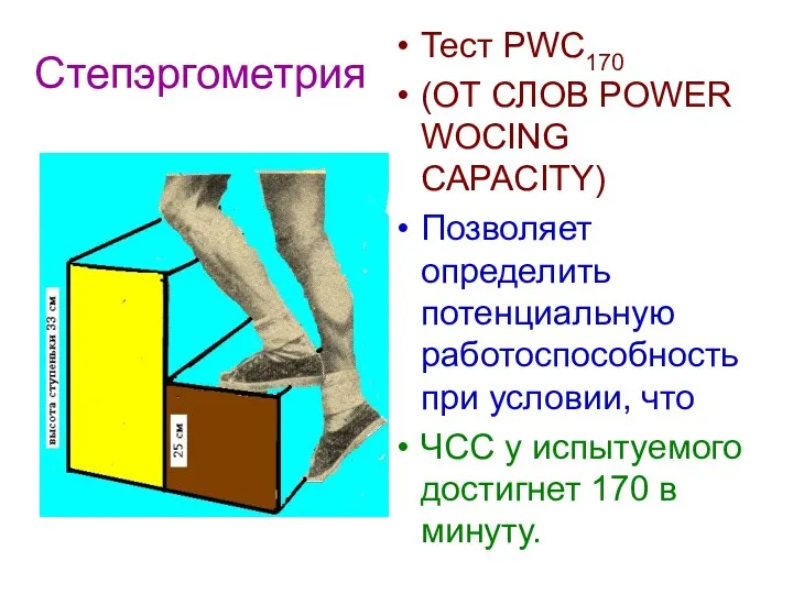 Степэргометрия Тест PWC170 (ОТ СЛОВ POWER WOCING CAPACITY) Позволяет определить потенциальную работоспособность