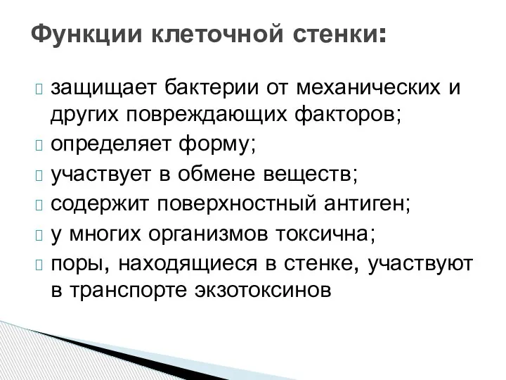 Функции клеточной стенки: защищает бактерии от механических и других повреждающих факторов; определяет