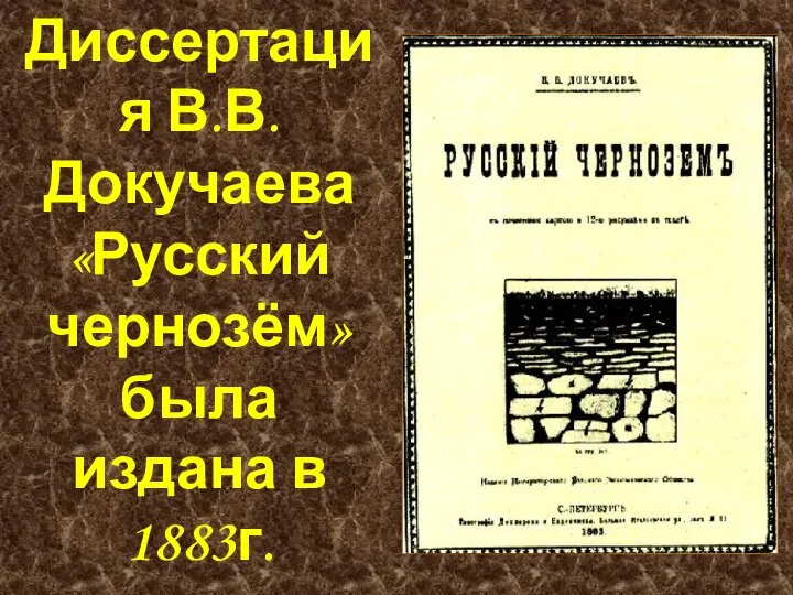 Диссертация В.В.Докучаева «Русский чернозём» была издана в 1883г.