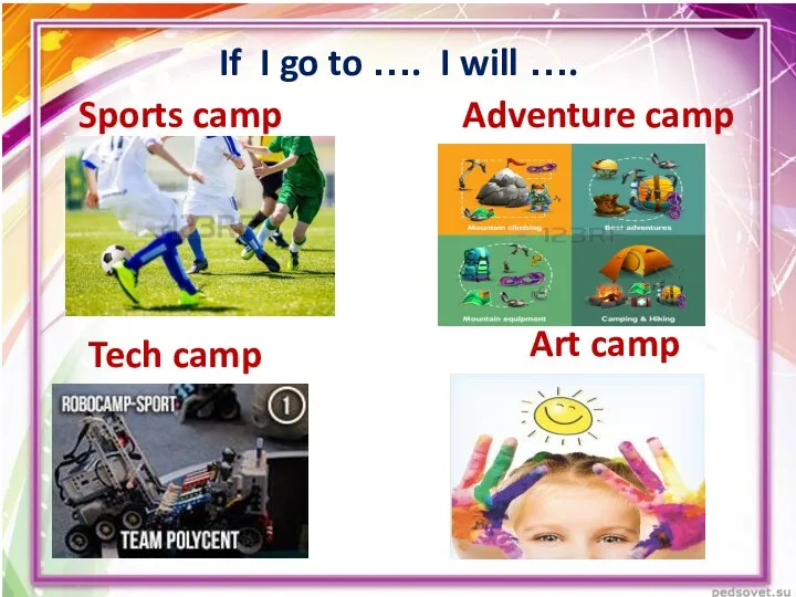If I go to …. I will …. Sports camp Adventure camp Tech camp Art camp