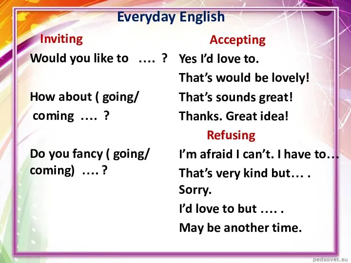 Everyday English Inviting Would you like to …. ? How about (