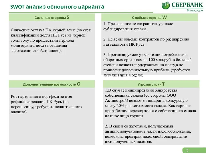 SWOT анализ основного варианта Снижение остатка ПА черной зоны (за счет классификации