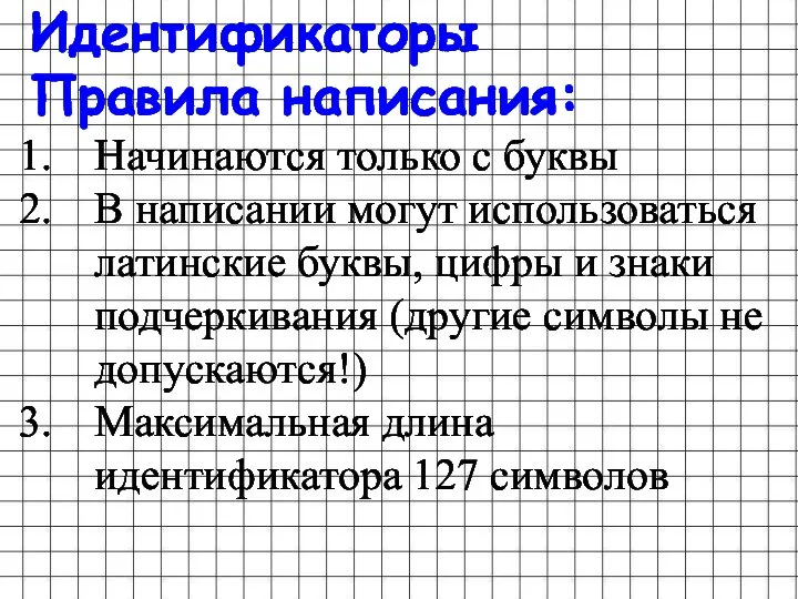 Идентификаторы Правила написания: Начинаются только с буквы В написании могут использоваться латинские