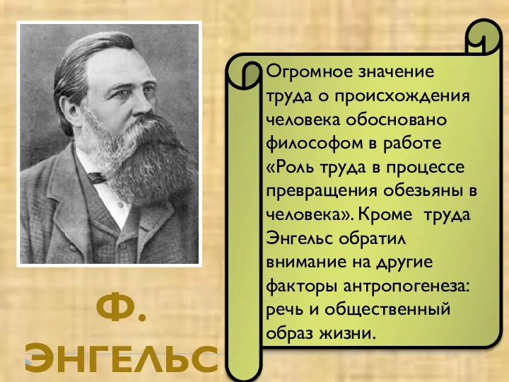 Ф. ЭНГЕЛЬС Огромное значение труда о происхождения человека обосновано философом в работе