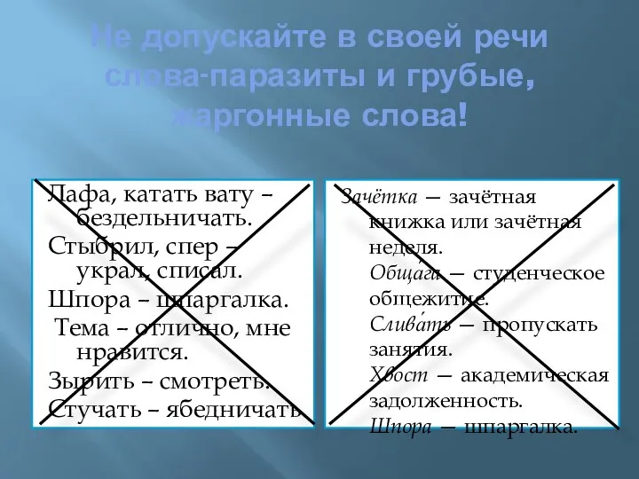 Не допускайте в своей речи слова-паразиты и грубые, жаргонные слова! Лафа, катать