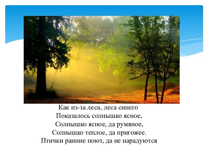 Как из-за леса, леса синего Показалось солнышко ясное, Солнышко ясное, да румяное,