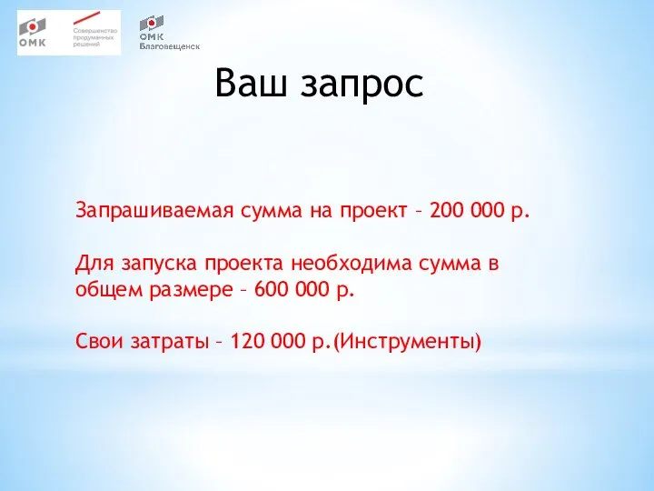 Запрашиваемая сумма на проект – 200 000 р. Для запуска проекта необходима