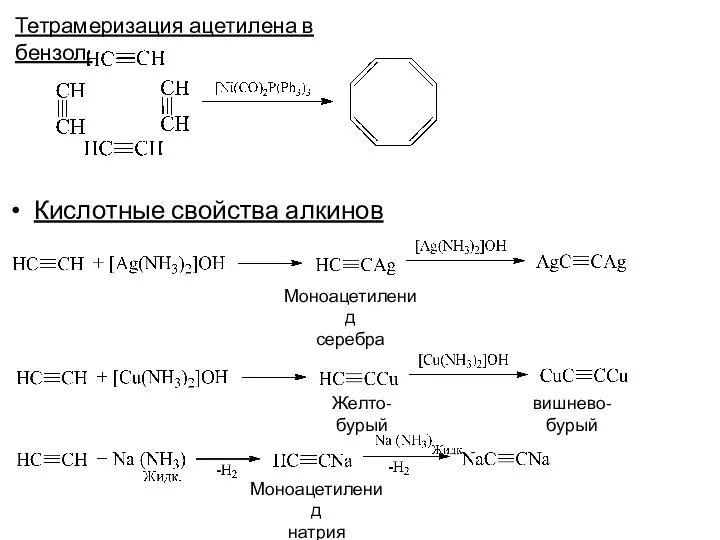 Тетрамеризация ацетилена в бензол: Кислотные свойства алкинов Моноацетиленид серебра Желто-бурый вишнево-бурый Моноацетиленид натрия