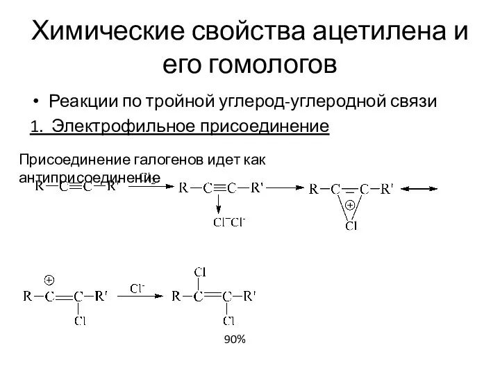 Химические свойства ацетилена и его гомологов Реакции по тройной углерод-углеродной связи 1.