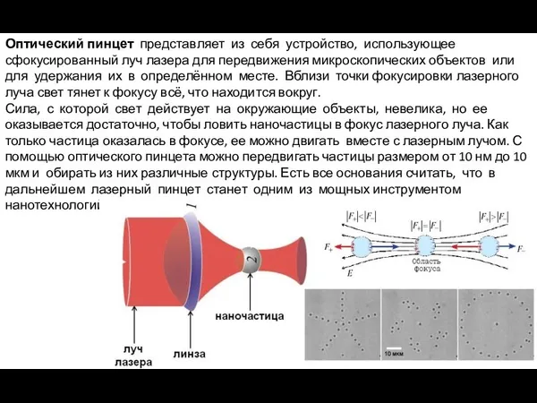 Оптический пинцет представляет из себя устройство, использующее сфокусированный луч лазера для передвижения