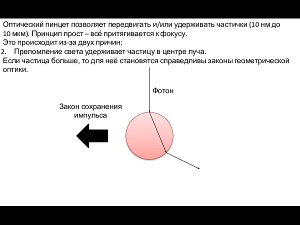 Оптический пинцет позволяет передвигать и/или удерживать частички (10 нм до 10 мкм).