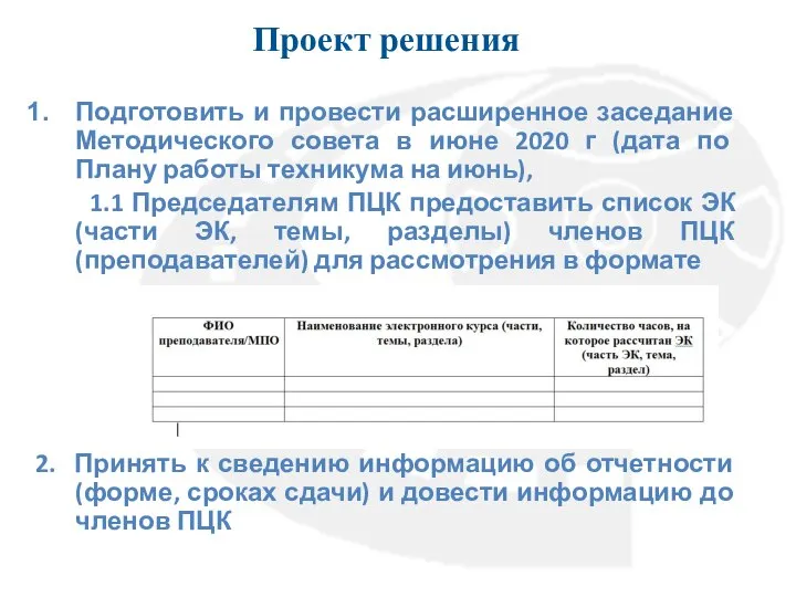 Проект решения Подготовить и провести расширенное заседание Методического совета в июне 2020