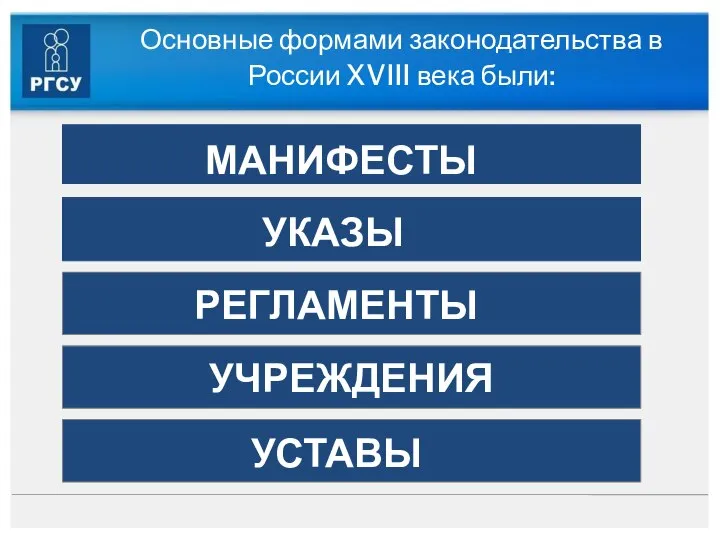 Основные формами законодательства в России XVIII века были: МАНИФЕСТЫ УКАЗЫ РЕГЛАМЕНТЫ УЧРЕЖДЕНИЯ УСТАВЫ